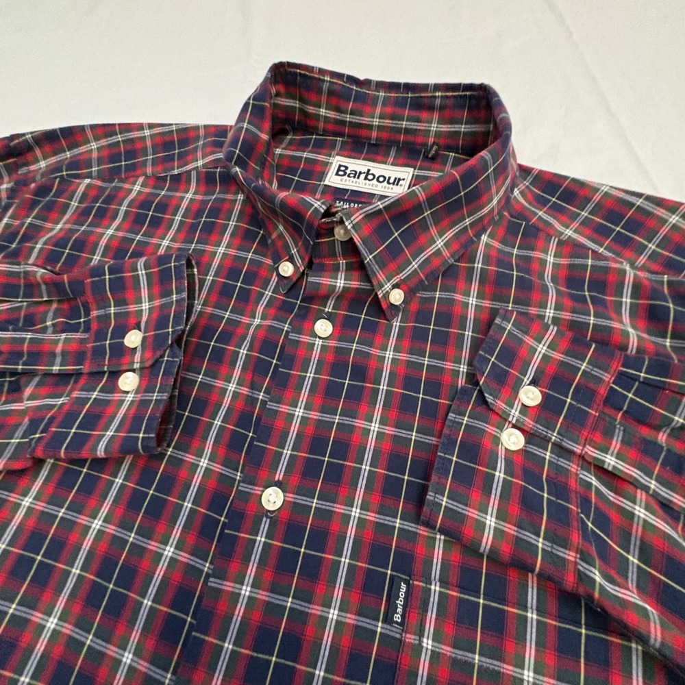 Barbour Stapleton Highland Check Shirt Mens XL Red Plaid Tailored Fit Cotton